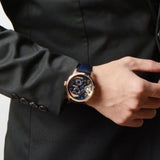 Fossil Men's Twist Townsman Multifunction Navy Blue Leather Strap Rose Gold Case Watch ME1138