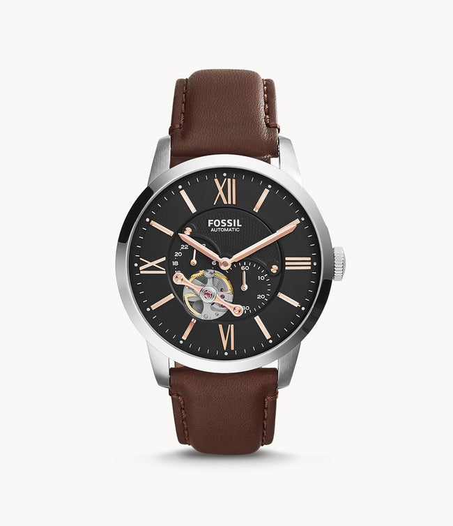 Fossil Men’s Automatic Leather Strap Black Dial 44mm Watch ME3061 Hover Image