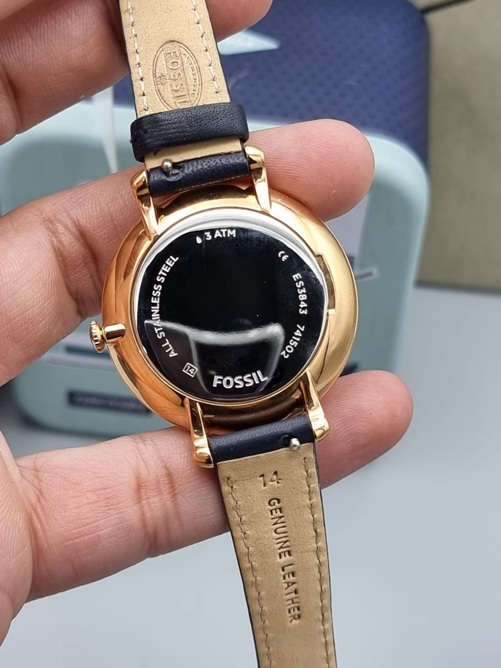 FOSSIL Jacqueline Silver Dial Navy Leather Quartz Ladies Watch ES3843