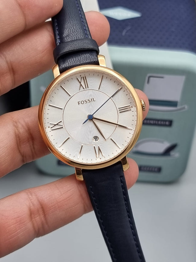 FOSSIL Jacqueline Silver Dial Navy Leather Quartz Ladies Watch ES3843 Hover Image
