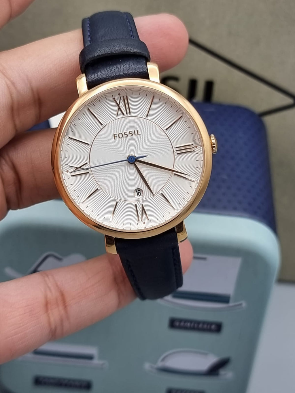 FOSSIL Jacqueline Silver Dial Navy Leather Quartz Ladies Watch ES3843