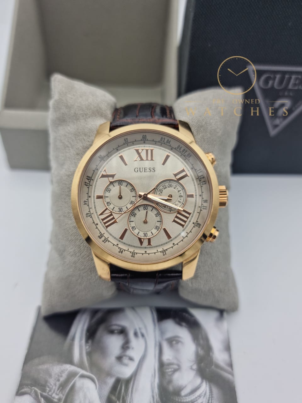 Guess Men’s Analog Leather Strap Champagne Dial 45mm Watch W0380G4