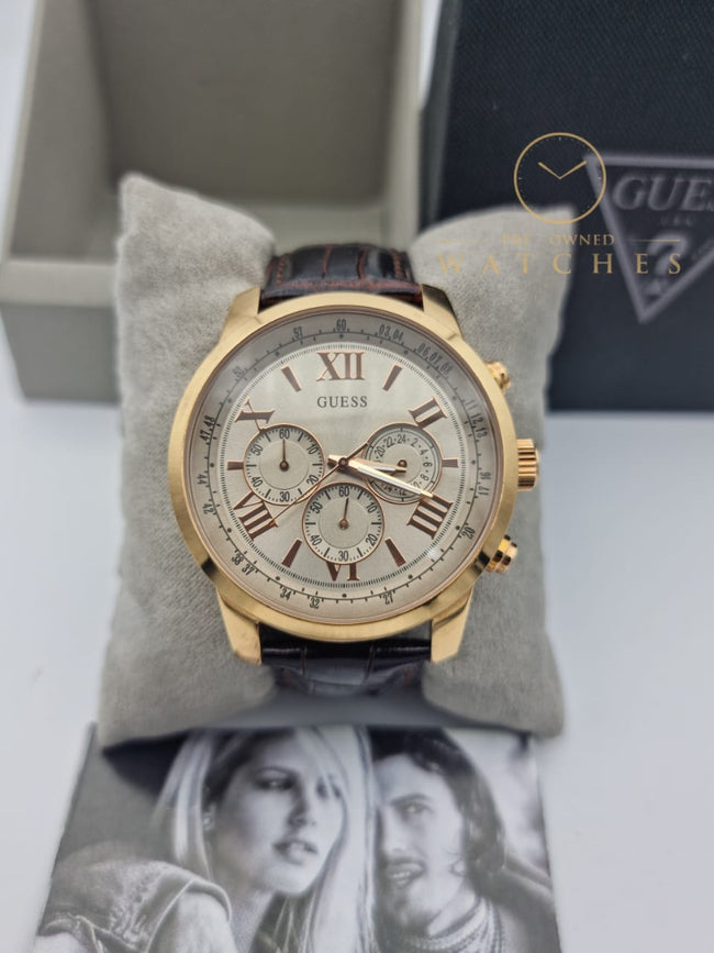 Guess Men’s Analog Leather Strap Champagne Dial 45mm Watch W0380G4 Hover Image