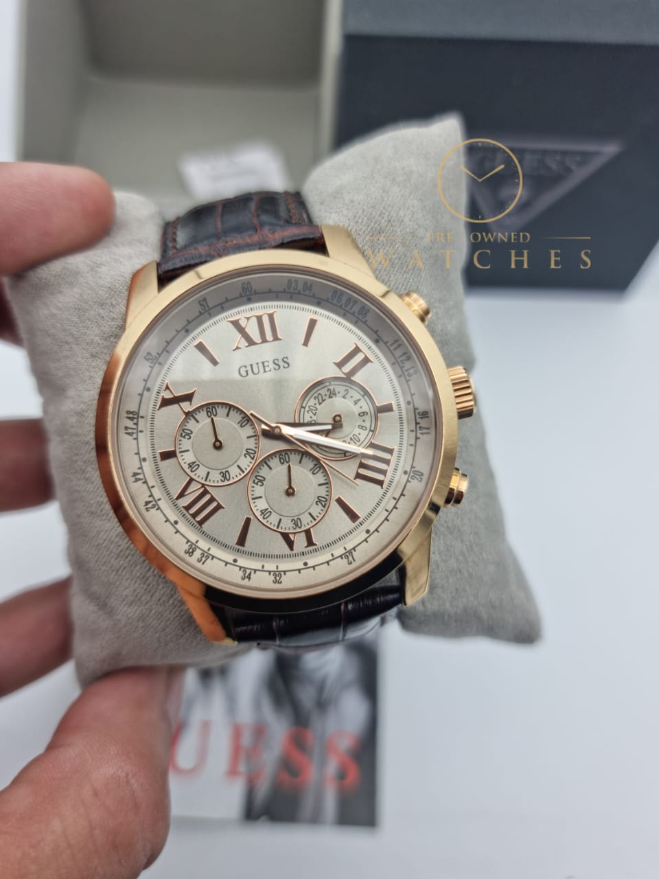 Guess Men’s Analog Leather Strap Champagne Dial 45mm Watch W0380G4