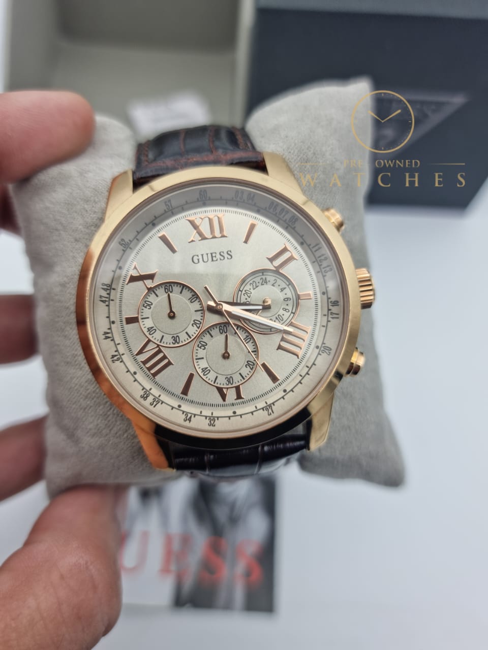 Guess Men’s Analog Leather Strap Champagne Dial 45mm Watch W0380G4