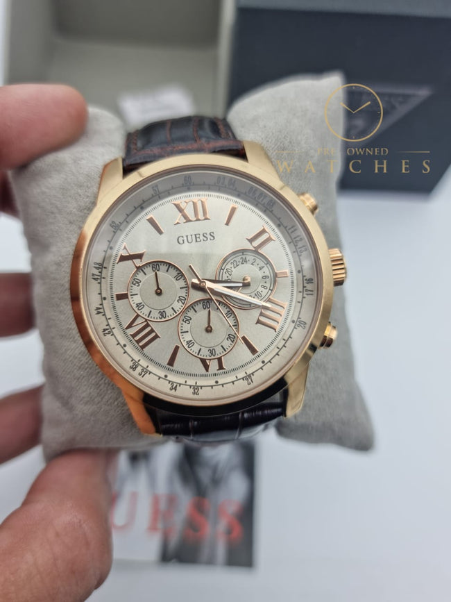 Guess Men’s Analog Leather Strap Champagne Dial 45mm Watch W0380G4 Main Image