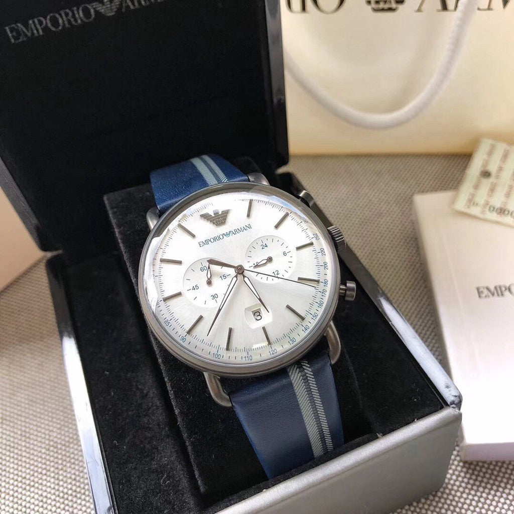 Emporio Armani Men’s Chronograph Quartz Leather Strap Silver Dial 43mm Watch AR11202