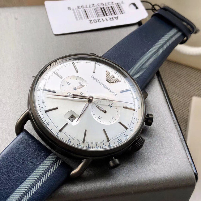 Emporio Armani Men’s Chronograph Quartz Leather Strap Silver Dial 43mm Watch AR11202 Hover Image