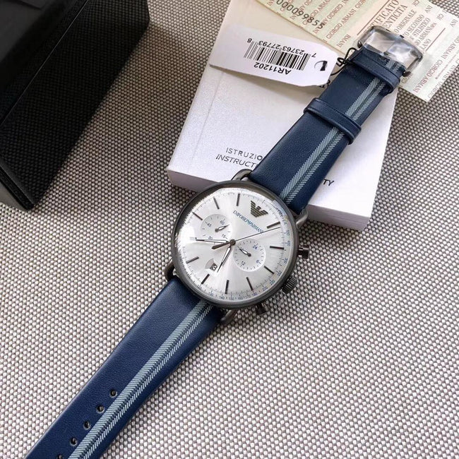 Emporio Armani Men’s Chronograph Quartz Leather Strap Silver Dial 43mm Watch AR11202 Main Image
