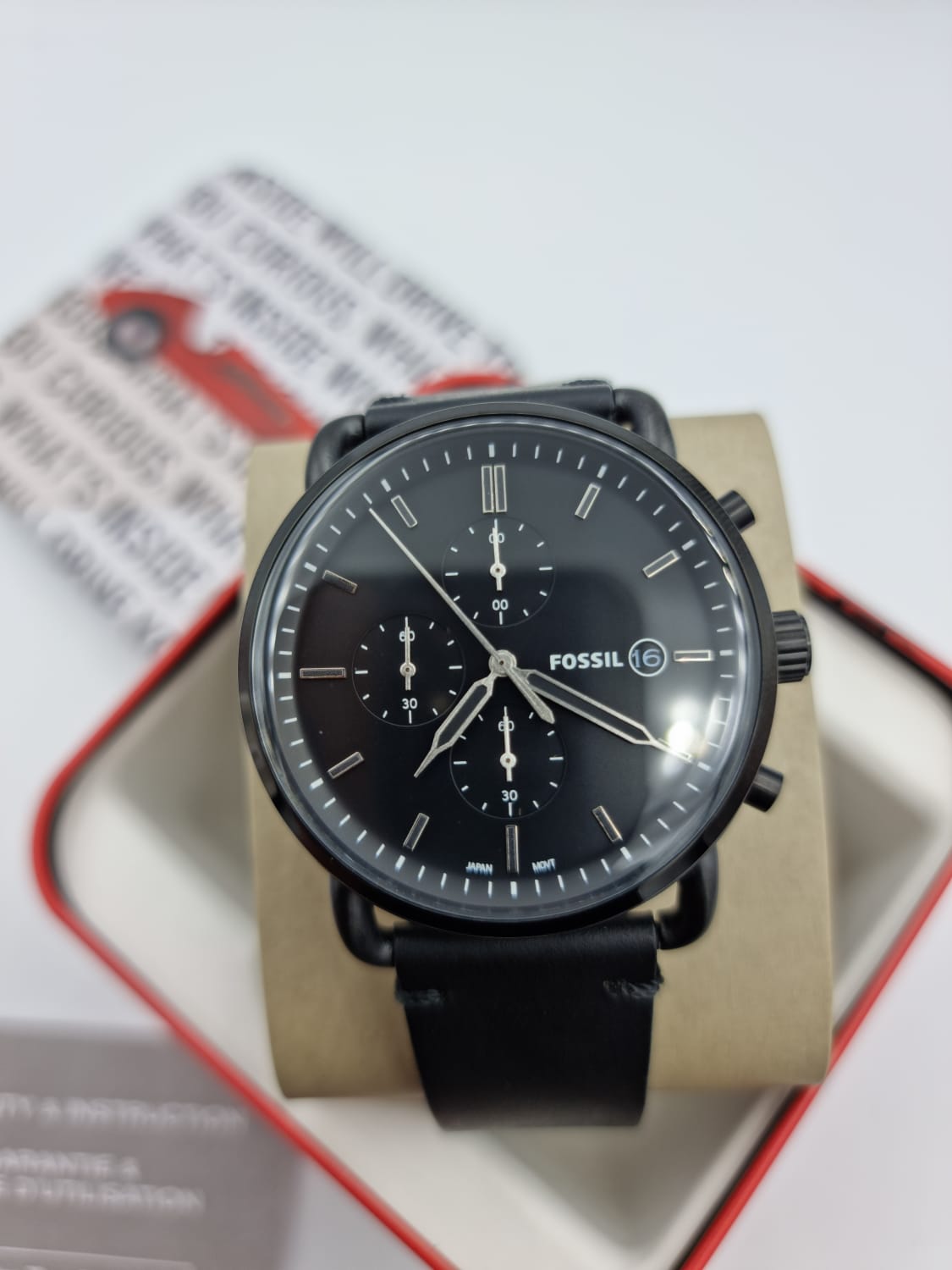 Fossil Men's Commuter Chrono Stainless Steel Quartz Leather Watch, Color: Black, 22 (Model: FS5504)