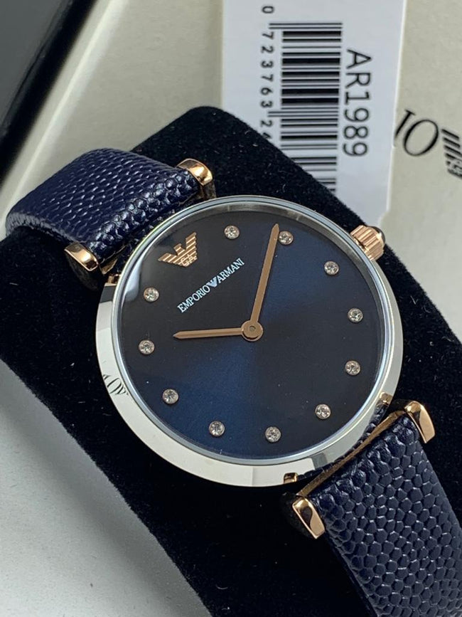 Emporio Armani Women's AR1989 Retro Blue Leather Quartz Watch Hover Image