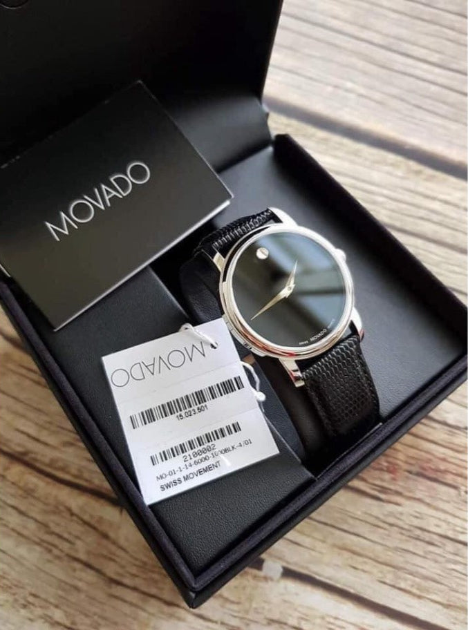 Movado Men’s Quartz Swiss Made Leather Strap Black Dial 38mm Watch 2100002