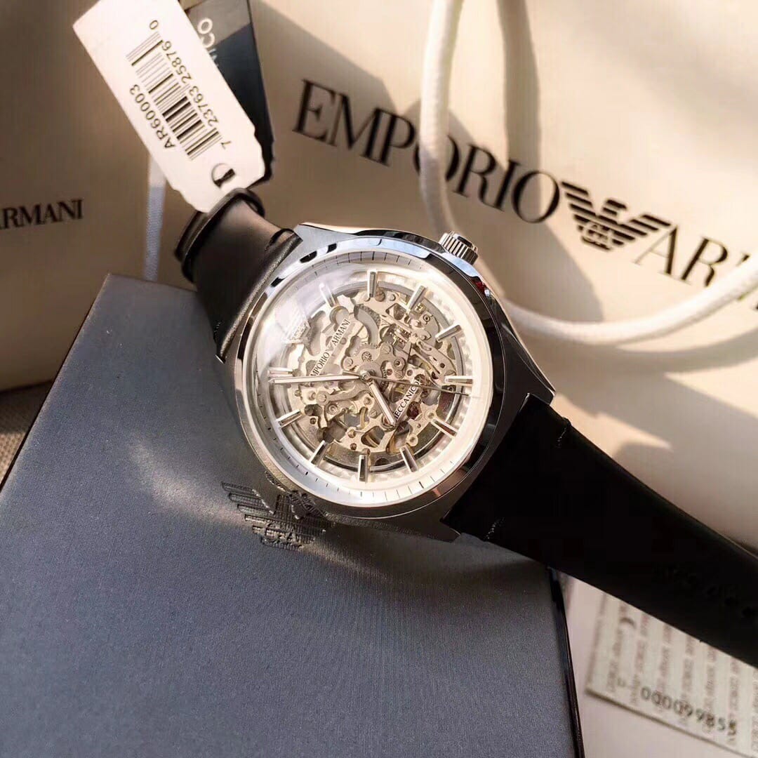 Emporio Armani Men’s Automatic Black Leather Strap White Dial 43mm Watch AR60003