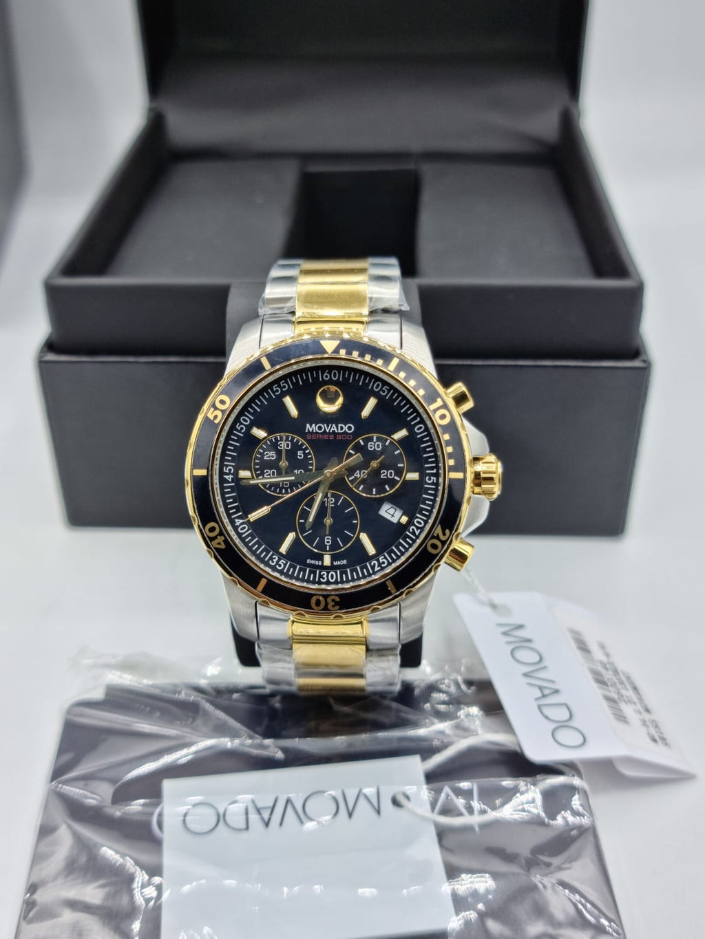 Movado Men's Series 800 2-Tone Chronograph Watch with Printed Index, Gold/Black/Silver (2600146)