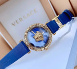 Versace Women’s Quartz Swiss Made Blue Leather Strap Blue Dial 37mm Watch VEDV00219