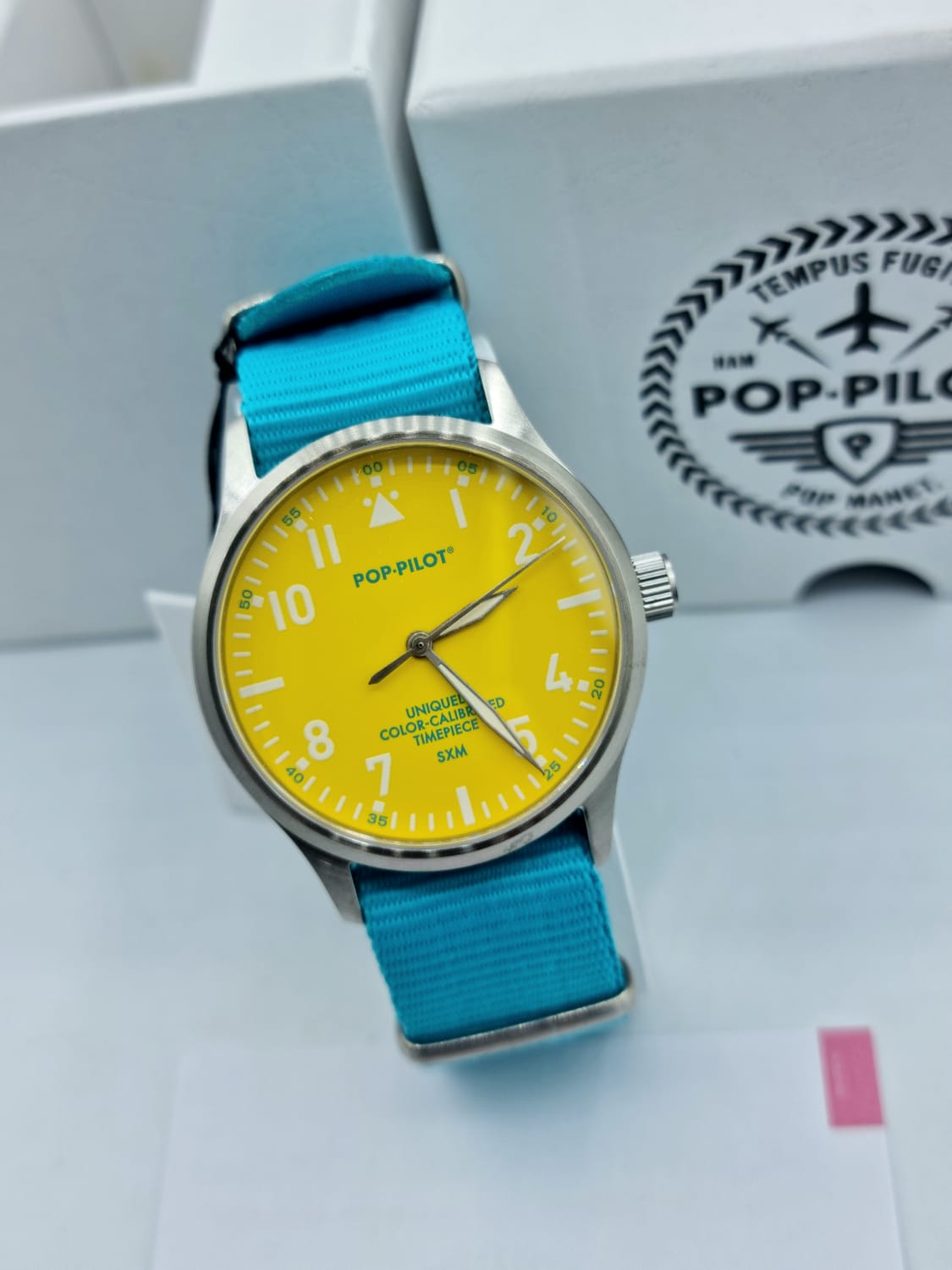 POP-PILOT Gents Watch Yellow Dial Blue Strap