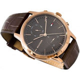 Tommy Hilfiger 1710435 Easton Quartz Grey Dial Rose Gold-Tone Stainless Steel Case Brown Leather Strap Men's Watch