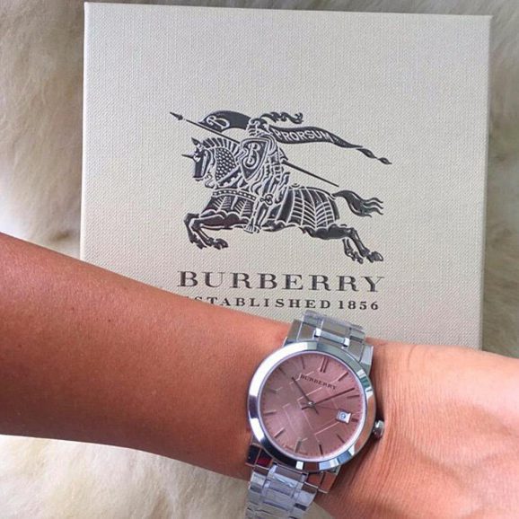 BURBERRY Pink Check Stamped Stainless Steel Ladies Watch BU9124 Hover Image