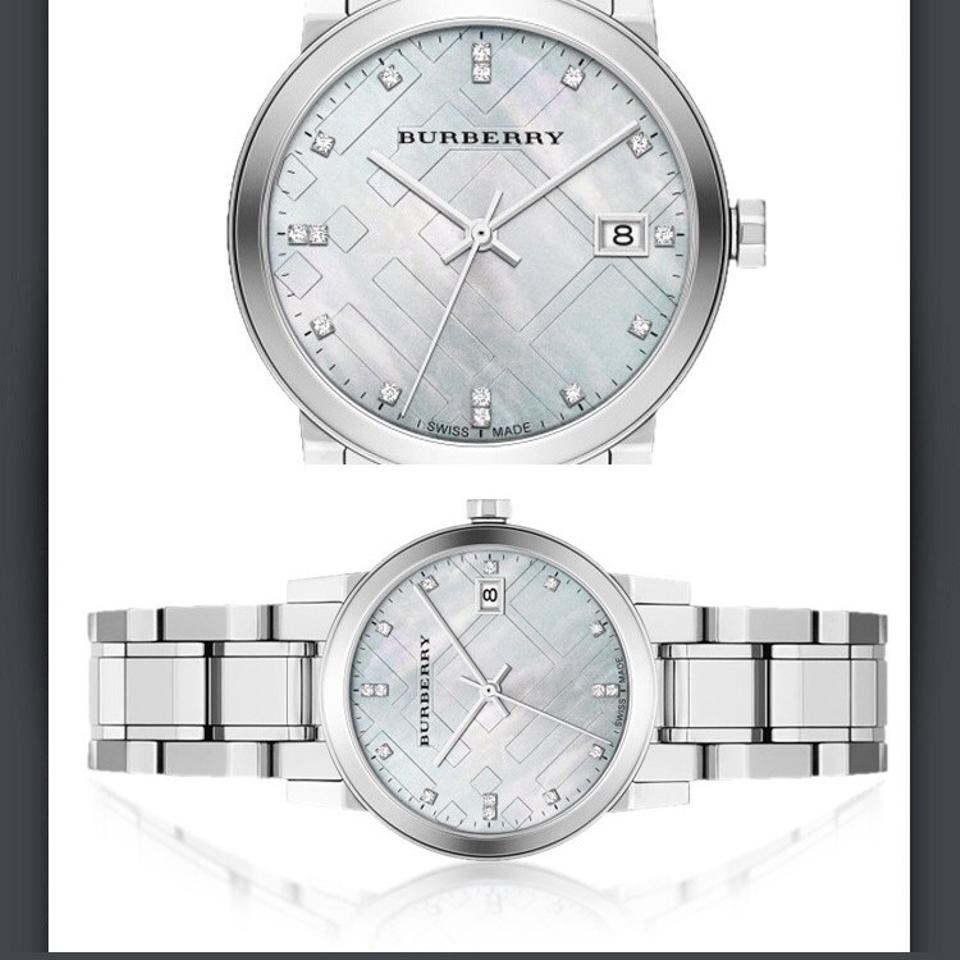 Burberry Swiss Rare Diamonds Silver Mother Of Pearl Date Dial 34mm Women Stainless Steel Wrist Watch The City BU9125