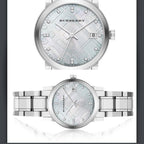 Burberry Swiss Rare Diamonds Silver Mother Of Pearl Date Dial 34mm Women Stainless Steel Wrist Watch The City BU9125