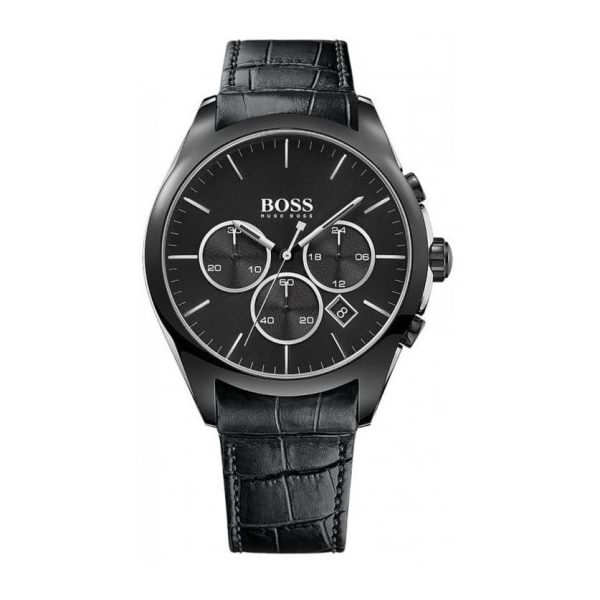 Hugo Boss Men’s Quartz Lather Strap Black Dial 46mm Watch 1513367 Hover Image