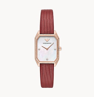 Emporio Armani Women’s Quartz Red Leather Strap Mother Of Pearl Dial 24mm Watch AR11467