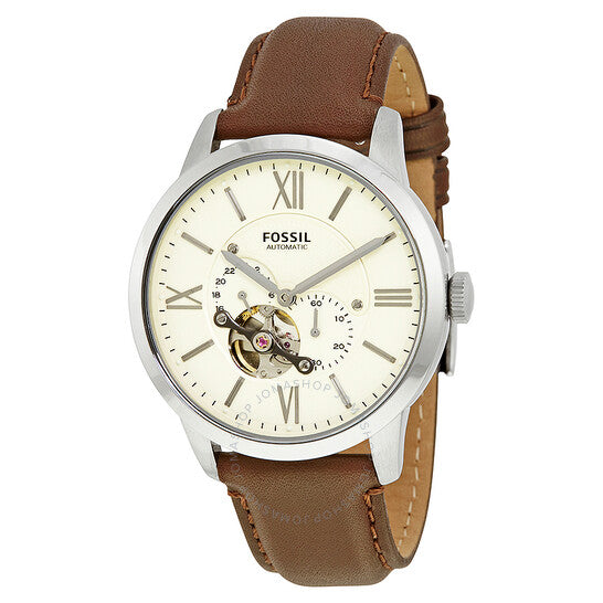 Fossil Men’s Automatic Leather Strap Cream Dial 44mm Watch ME3064 Hover Image