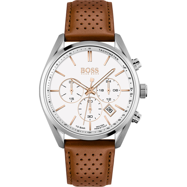 Hugo Boss Men’s Quartz Leather Strap White Dial 44mm Watch 1513879 Hover Image