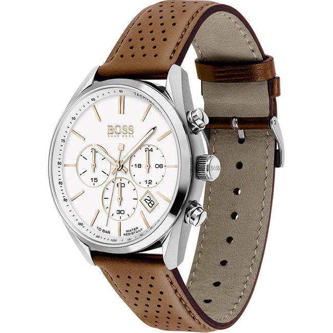 Hugo Boss Men’s Quartz Leather Strap White Dial 44mm Watch 1513879 Main Image