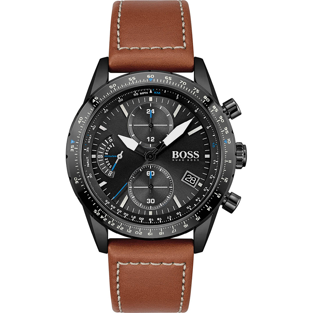 Hugo Boss Men’s Quartz Leather Strap Black Dial 44mm Watch 1513851