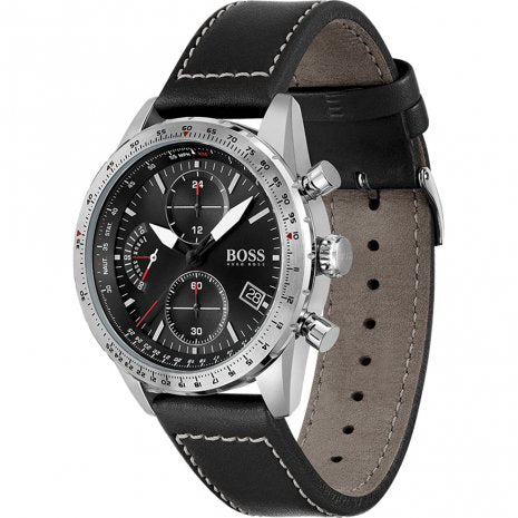 Hugo Boss Men’s Quartz Leather Strap Black Dial 44mm Watch 1513853