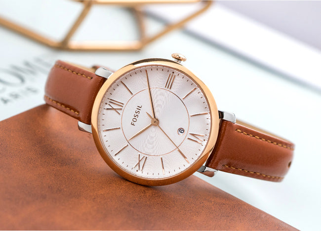 Fossil Women's Jacqueline Watch in Rose Goldtone with Light Brown Leather Strap Main Image