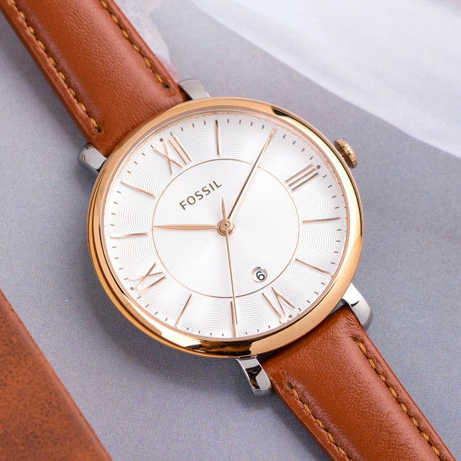 Fossil Women's Jacqueline Watch in Rose Goldtone with Light Brown Leather Strap Hover Image