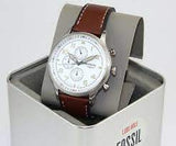 FOSSIL RETRO PILOT SILVER DIAL CHRONOGRAPH BROWN LEATHER MEN'S WATCH FS5809