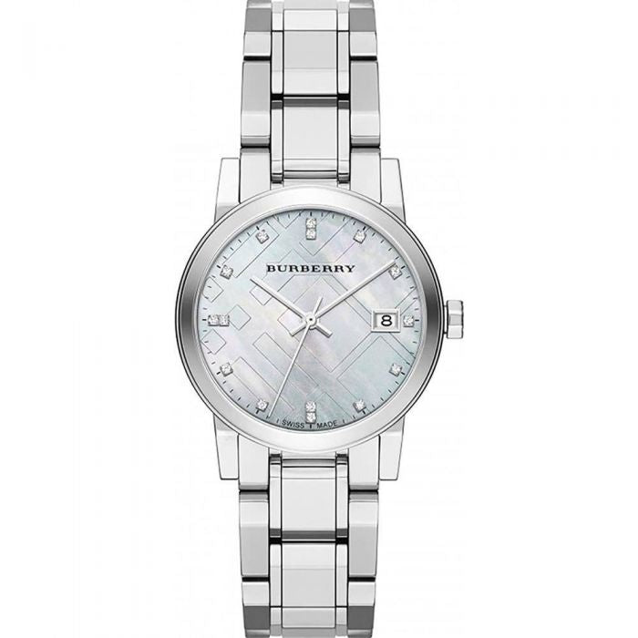 Swiss Rare Diamonds Silver Mother Of Pearl Date Dial 34mm Women Stainless Steel Wrist Watch The City BU9125