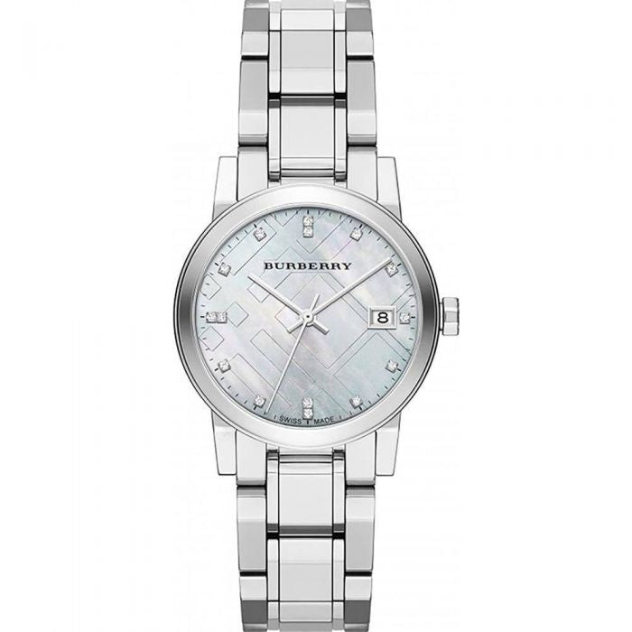 Burberry Swiss Rare Diamonds Silver Mother Of Pearl Date Dial 34mm Women Stainless Steel Wrist Watch The City BU9125