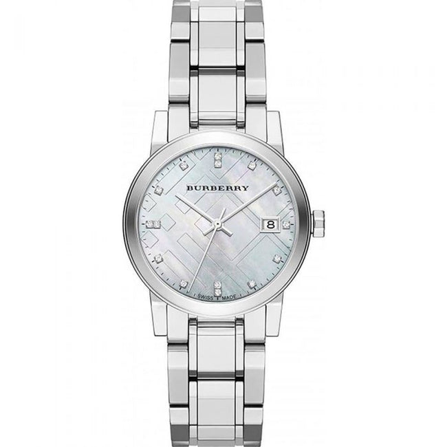 Burberry Swiss Rare Diamonds Silver Mother Of Pearl Date Dial 34mm Women Stainless Steel Wrist Watch The City BU9125 Hover Image