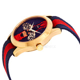 Gucci Women’s Quartz Nylon Strap Swiss Made Blue And Red Wth Embroidered Dial 38mm Watch YA1264061