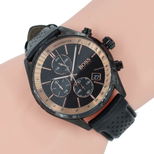 Hugo Boss Men’s Quartz Lather Strap Black Dial 44mm Watch 1513550