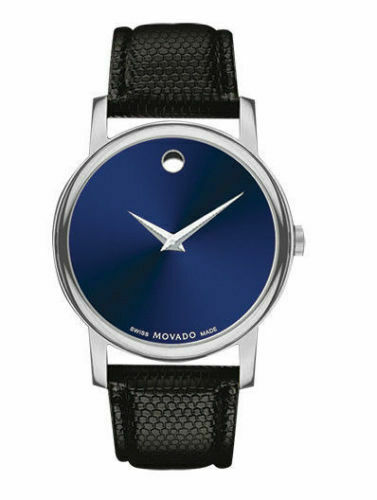 Movado Men’s Swiss Made Quartz Black Leather Strap Blue Dial 39mm Watch 2100009