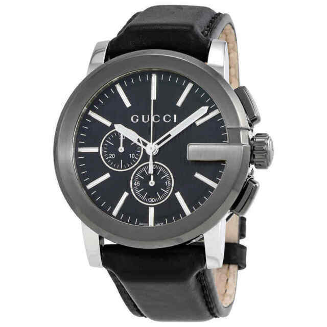 Gucci Men s Swiss Made Quartz Stainless Steel Black Dial 44mm Watch YA Pre OwnedWatches