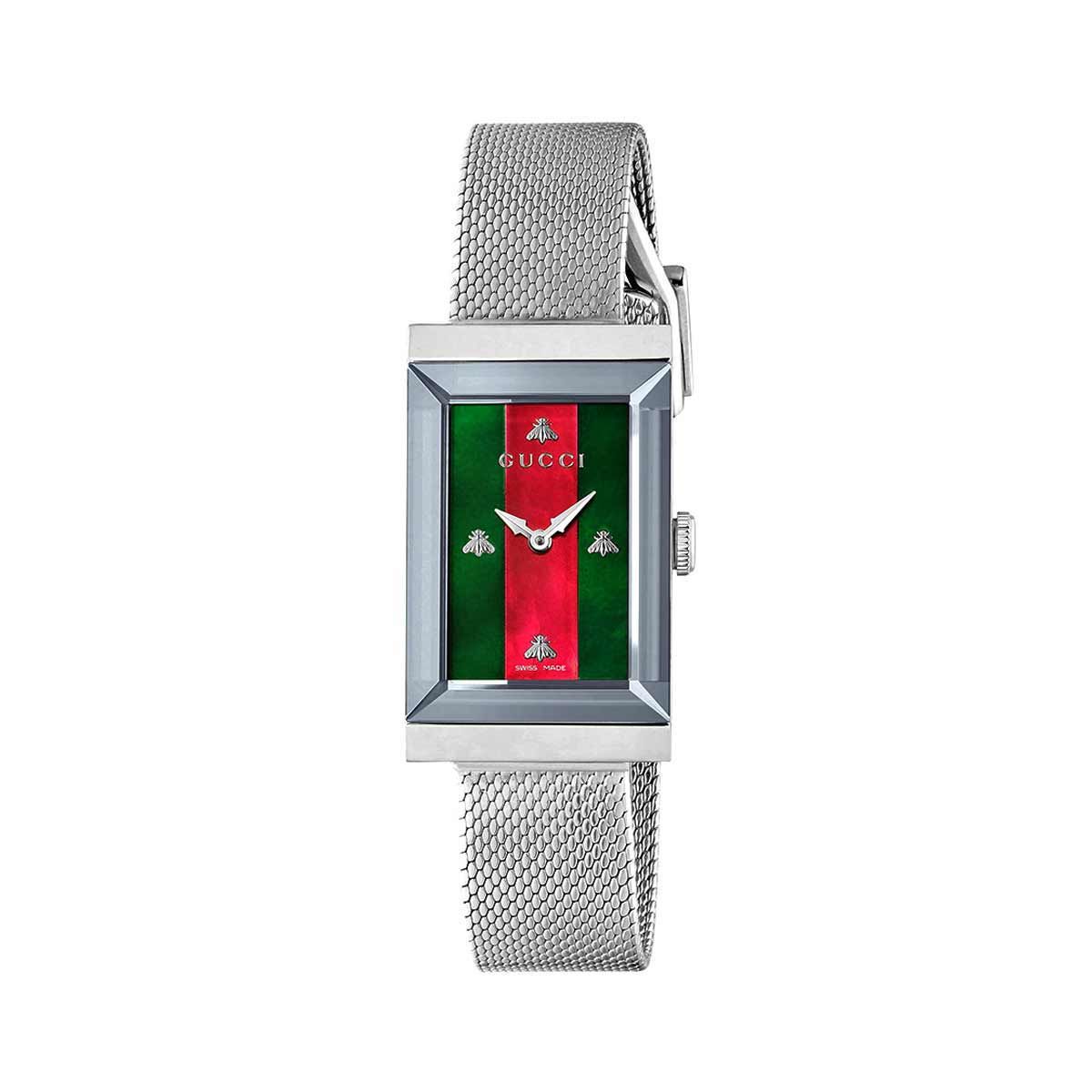 Gucci Women’s Quartz Stainless Steel Swiss Made Green and Red Web Mother of Pearl Dial 21mm Watch YA147401